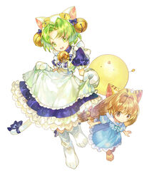  2girls :d animal_ears animal_hat apron bell blue_dress bow brown_eyes brown_hair cat_ears cat_hat cat_tail commentary_request dejiko di_gi_charat dress expressionless full_body gema gloves green_eyes green_hair hair_bell hair_ornament hat hat_bow jingle_bell kneehighs long_hair looking_at_viewer low-tied_long_hair multiple_girls noki_(affabile) open_mouth petticoat puchiko puffy_short_sleeves puffy_sleeves round_teeth short_hair short_sleeves simple_background skirt_hold smile socks standing tail tail_bow tail_ornament teeth white_background white_gloves white_legwear 