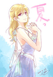  blonde_hair commentary_request cowboy_shot dated dress female from_side hair_between_eyes long_hair looking_at_viewer mori_yuki purple_eyes signature sleeveless sleeveless_dress solo standing uchuu_senkan_yamato uchuu_senkan_yamato_2199 white_background white_dress yokon2199 