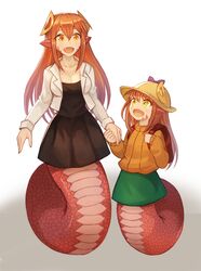  2girls :d absurdres backpack bag black_dress breasts cleavage collarbone commentary commission dress gradient_background green_skirt hair_between_eyes hair_ornament hairclip hat hat_ornament highres holding_hands holding_strap jacket lamia lolicon long_hair long_sleeves looking_at_another miia_(monster_musume) mika_(miiafag) monster_girl monster_musume_no_iru_nichijou mother_and_daughter multiple_girls oerba_yun_fang open_mouth orange_eyes orange_hair orange_shirt original pointy_ears randoseru scales shirt simple_background skirt slit_pupils smile sookmo white_jacket yellow_eyes 