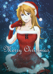  black_thighhighs blonde_hair collarbone commentary_request dress elbow_gloves female fur-trimmed_dress fur-trimmed_gloves fur-trimmed_headwear fur_trim gloves hair_between_eyes hat long_hair merry_christmas mori_yuki parted_lips purple_eyes red_dress red_gloves red_hat santa_costume santa_hat short_dress sitting sleeveless sleeveless_dress snowflakes solo thighhighs uchuu_senkan_yamato uchuu_senkan_yamato_2199 yokon2199 