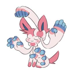  2019 ambiguous_gender blue_body blue_fur bow_tie canid closed_eyes eeveelution feral fur generation_6_pokemon mammal miau multicolored_body multicolored_fur multiple_hands navy_fur nintendo pink_body pink_fur pokemon pokemon_(species) simple_background sitting smile solo sylveon white_body white_fur 