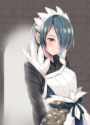  arm_behind_back black_dress black_ribbon blue_bow blue_eyes blue_hair blush bow closed_mouth commentary_request dress female fire_emblem fire_emblem_fates hair_ornament hair_over_one_eye headdress japanese_clothes jiino long_sleeves looking_at_viewer one_eye_covered ribbon setsuna_(fire_emblem) short_hair smile solo standing sunlight upper_body 