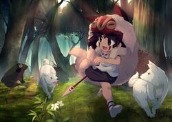  aged_down animal bare_arms brown_eyes brown_hair canine commentary_request earrings facepaint facial_mark female frog fur headband jewelry mask mononoke_hime moro_no_ichizoku necklace onion_pikupiku puppy san_(mononoke_hime) short_hair smile studio_ghibli tooth_necklace weapon wolf 