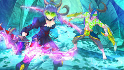  1boy artist_name background bandage bangs bare_foot black_clothes blind_fold blood_elf blush boots bow breasts cleavage closed_mouth collarbone commission corridor corset crossover demon_boy demon_girl demon_horns demon_hunter detail_background elf elves eyebrows_visible_through_hair female female gilva_(ma_ga_ochiru_yoru) green_eyes hairbow half-closed_eyes hand_up head_band horns indoors juliet_sleeves legs_crossed long_hair long_sleeves ma_ga_ochiru_yoru male medium_breasts night_elf pointy_ears puffy_sleeves purple_hair purple_skin red_bow red_ribbon ribbon sheliss_elleness_zurbach shiny shiny_hair sydusarts tattoo tattoos thighs tights warcraft warglaives weapon world_of_warcraft 