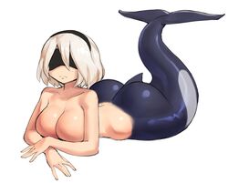  ass borvar breasts closed_eyes covered dolphin_tail female hand_on_own_chest headband highres large_breasts mermaid monster_girl monsterification nier_(series) nier_automata white_background white_hair yorha_no._2_type_b 