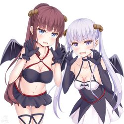  2girls :d absurdres arm_strap black_bra black_gloves black_ribbon black_skirt blue_eyes blunt_bangs blush bra breasts brown_hair claw_pose cleavage collarbone commentary_request company_connection cosplay cowboy_shot criss-cross_halter demon_wings doga_kobo elbow_gloves gabriel_dropout gloves grey_hair groin hallelujah_essaim halloween halloween_costume halterneck high_ponytail highres horns large_breasts leg_ribbon long_hair looking_at_viewer medium_breasts microskirt midriff miniskirt multiple_girls navel new_game! o-ring oerba_yun_fang open_mouth pleated_skirt purple_eyes ribbon sainohikari satanichia_kurumizawa_mcdowell satanichia_kurumizawa_mcdowell_(cosplay) shiny_skin simple_background skirt sleeveless smile standing stomach suzukaze_aoba takimoto_hifumi thigh_gap twintails underwear very_long_hair vignette_tsukinose_april vignette_tsukinose_april_(cosplay) white_background white_skirt wings 