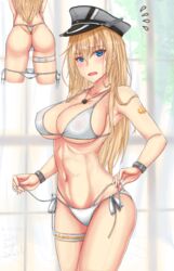  bikini bismarck_(kancolle) blonde_hair blue_eyes bracelet breasts chains collarbone commentary_request cowboy_shot female flying_sweatdrops gold_chain grey_headwear hat highres jewelry kantai_collection large_breasts layered_bikini long_hair mickey_dunn mole mole_on_neck navel necklace peaked_cap side-tie_bikini_bottom standing swimsuit thigh_strap thong_bikini white_bikini 