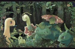  awai_(pixiv29777040) bayleef black_eyes blue_eyes bulbasaur celebi chikorita claws commentary_request evolutionary_line floating flower forest half-closed_eyes happy ivy ivysaur kakuna looking_at_another looking_down meganium metapod nature night no_humans oddish open_mouth outdoors pink_flower pokemon pokemon_(creature) red_eyes sharp_teeth smile standing tangela teeth tree venusaur weedle weepinbell yellow_eyes 