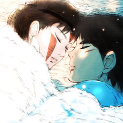  1boy ashitaka brown_hair chibigou closed_eyes commentary_request earrings facepaint facial_mark female fur headband jewelry lips mononoke_hime san_(mononoke_hime) short_hair sleeping straight studio_ghibli 