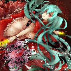  :d apron capelet commentary_request dress female frills from_above from_behind fulunukko glowing green_hair hatsune_miku long_hair looking_at_viewer looking_back looking_up open_mouth red_dress red_eyes smile solo stick twintails very_long_hair vocaloid waist_apron 