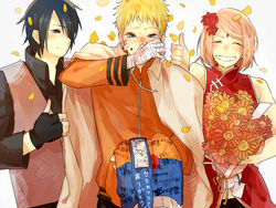  2boys artist_request black_hair blonde_hair boruto:_the_movie bouquet cape facial_mark flower forehead_mark hair_flower hair_ornament lovemaronmeru0827 multiple_boys naruto petals pink_hair sakura_haruno smile spiked_hair tears uchiha_sasuke uzumaki_naruto whiskers 