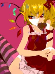  ann606 blush candy chocolate crystal demon_wings dress evil_smile female flandre_scarlet food heart heart-shaped_chocolate looking_at_viewer mouth_hold red_dress red_eyes short_hair sitting smile solo tegaki touhou wings 