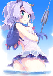  aqua_eyes ass azur_lane blush breasts commentary_request covered_nipples cowboy_shot crown female from_below gloves hand_to_own_mouth highres hood javelin_(azur_lane) light_purple_hair looking_at_viewer mini_crown miniskirt open_mouth panties pantyshot polearm ponytail purple_panties see-through shiny_skin skirt small_breasts solo standing underwear wading water weapon wet wet_clothes wet_hair white_gloves yamabuki_zarame 