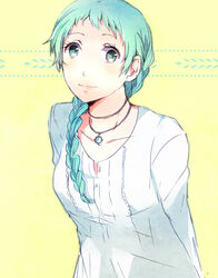  alternate_hairstyle aqua_eyes aqua_hair braid commentary_request female long_hair mentaishi persona persona_3 persona_4:_the_ultimate_in_mayonaka_arena smile solo yamagishi_fuuka 