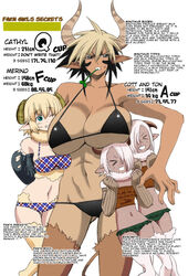  &gt;_&lt; 4girls abs animal_ears bikini black_bikini blue_eyes breast_rest breasts breasts_on_head cathyl character_name character_profile closed_eyes colorized cott cow_ears cow_girl cow_horns cow_tail dark-skinned_female dark_skin detached_sleeves fur_collar fur_trim furry furry_female goat_ears goat_girl goat_horns hair_over_one_eye hard-translated highres horns huge_breasts measurements merino_(monster_musume) monster_musume_no_iru_nichijou mouth_hold multiple_girls navel okayado one_eye_closed open_mouth pink_hair plaid plaid_bikini pointy_ears satyr sheep_ears sheep_girl sheep_horns short_hair siblings sisters strap_gap straw_(stalk) sweatdrop swimsuit tail tan tanlines tawn third-party_edit twins underboob wool 