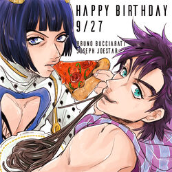  2boys aqua_eyes black_spaghetti blue_eyes bruno_bucciarati commentary_request dated eating food happy_birthday holding holding_food holding_pizza jojo_no_kimyou_na_bouken joseph_joestar joseph_joestar_(young) male_focus multiple_boys nezumoto pasta pizza pizza_slice purple_hair scarf spaghetti 