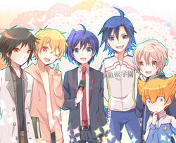  6+boys ahoge blonde_hair blue_hair brown_hair cardfight!!_vanguard commentary_request crossover cycling_uniform earth_eleven free! green_eyes hazuki_nagisa inazuma_eleven_(series) inazuma_eleven_go inazuma_eleven_go_galaxy jacket jude_mathis lightning_bolt_symbol male_focus manami_sangaku mikado_nagi minaho_kazuto moyuchocolats multiple_boys multiple_crossover necktie one_eye_closed open_mouth orange_hair partial_commentary purple_hair red_eyes sendou_aichi smile tales_of_(series) tales_of_xillia tales_of_xillia_2 track_jacket uta_no_prince-sama uta_no_prince-sama_maji_love_2000_percent v voice_actor_connection yonaga_tsubasa yowamushi_pedal 