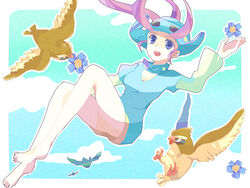  bare_legs barefoot bird blue_eyes cloud collar female flower gloves gym_leader helmet long_hair nagi_(pokemon) open_mouth pidgey pokemon pokemon_(creature) pokemon_(game) pokemon_rse purple_hair sky smile 