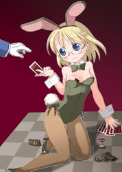  :3 animal_ears blonde_hair blue_eyes camera card checkered_floor commentary_request cup drinking_glass female glasses gun hatomugi_(mamotan) highres holding holding_card original pantyhose perspective playboy_bunny rabbit_ears short_hair solo_focus weapon 