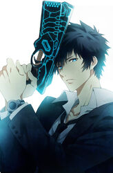  1boy bad_id bad_pixiv_id black_hair dominator_(gun) formal gun handgun kazu_sanbon kougami_shin&#039;ya male_focus necktie photoshop_(medium) psycho-pass solo suit weapon 