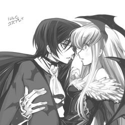  1boy animal_print ascot bare_shoulders bat_print bat_wings c.c. cape code_geass commentary_request cosplay couple creayus demitri_maximoff demitri_maximoff_(cosplay) dress eye_contact female greyscale head_wings leg_lift lelouch_vi_britannia long_hair looking_at_another monochrome morrigan_aensland morrigan_aensland_(cosplay) pantyhose photoshop_(medium) print_pantyhose sitting straight vampire_(game) wide-eyed wings 