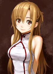  arms_behind_back asuna_(sao) bare_shoulders blush brown_eyes brown_hair commentary_request female homunculus_(alchemynote) long_hair looking_at_viewer photoshop_(medium) sleeveless smile solo sword_art_online upper_body 