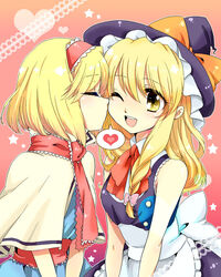  2girls alice_margatroid blonde_hair chigo closed_eyes commentary_request heart kirisame_marisa kissing kissing_cheek multiple_girls touhou wince yuri 