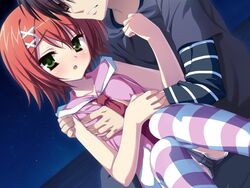  1boy beach blush female flat_chest fondling game_cg groping hgame_cg miyoshi_yuiko natsuzora_kanata night orange_hair outdoors school_uniform schoolgirl short_hair star stars striped stripes yuzu_soft 