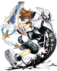  1boy absurdres alternate_form aura belt blue_eyes brown_hair charm_(object) commentary_request crown drive_form_(kingdom_hearts) dual_wielding final_form_(kingdom_hearts) heartless_(kingdom_hearts) highres holding hood hoodie jewelry keyblade kingdom_hearts kingdom_hearts_ii looking_at_viewer male_focus mini_crown necklace photoshop_(medium) retpa shadow_(kingdom_hearts) smile solo sora_(kingdom_hearts) spiked_hair two_become_one_(keyblade) ultima_weapon_(keyblade) zipper 