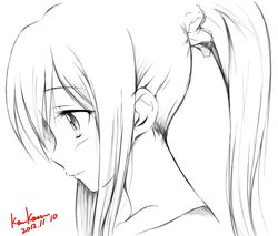  blush commentary_request dated female ginga_e_kickoff!! highres kem_kem long_hair monochrome ponytail profile signature simple_background smile solo takatoo_erika upper_body white_background 