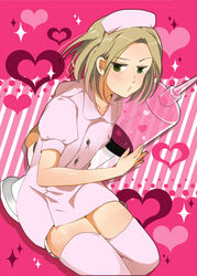  1boy axis_powers_hetalia blonde_hair blush commentary_request crossdressing garter_straps green_eyes hat heart large_syringe male_focus masaki_(celesta) nurse nurse_cap otoko_no_ko oversized_object pink_theme poland_(hetalia) solo syringe thighhighs white_thighhighs zettai_ryouiki 