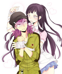  1boy bandages blush commentary_request danganronpa_(series) danganronpa_2:_goodbye_despair female hug hug_from_behind long_hair machi_(mctri) mole mole_under_eye purple_eyes purple_hair smile soda_kazuichi suppository tsumiki_mikan 