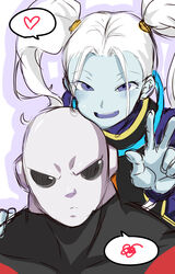  1boy alien blue_eyes blue_skin colored_skin commentary_request dragon_ball dragon_ball_super female hair_tie heart highres hug hug_from_behind jiren long_hair looking_at_viewer marcarita ooyun pride_trooper_uniform smile spoken_heart spoken_squiggle squiggle twintails v white_hair 