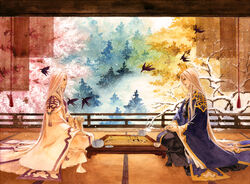  2boys animal autumn bare_tree bird board_game chinese_clothes commentary_request cup curtains eye_contact from_side go_(board_game) heting holding holding_cup light_smile long_hair long_sleeves looking_at_another looking_down male_focus mat multiple_boys on_floor own_hands_together painting_(medium) petals photoshop_(medium) pili_budaixi profile robe seasons seiza sitting snow snowing spring_(season) summer swallow_(bird) tassel teacup traditional_media tree very_long_hair watercolor_(medium) white_hair wide_sleeves 