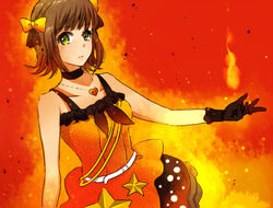  amami_haruka bow brown_hair choker commentary_request dress female fire gloves green_eyes hairbow heart idolmaster idolmaster_(classic) jewelry live_for_venus_(idolmaster) masaki_(celesta) outstretched_arm outstretched_hand pendant short_hair solo star_(symbol) 