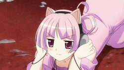  bare_shoulders cat_ears earrings gloves headphones highres jewelry lying nekomimi pink_eyes purple_hair ritos_tortilla screenshot shukufuku_no_campanella smile 