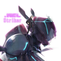  1boy character_name commentary_request copyright_name glowing highres kugel_(suisei_no_gargantia) mecha neon_trim red_eyes rkp robot standing_on_shoulder striker_(suisei_no_gargantia) suisei_no_gargantia white_background white_hair 