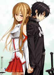  1boy armor asuna_(sao) back-to-back bare_shoulders black_eyes black_hair blush breastplate brown_eyes brown_hair commentary_request couple detached_sleeves female holding_hands homunculus_(alchemynote) interlocked_fingers kirito long_hair photoshop_(medium) skirt straight sword sword_art_online weapon 