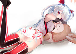  arm_pillow ass back bad_id bad_pixiv_id blush breast_press breasts clothing_cutout covered_mouth detached_sleeves dress eyebrows female flat_ass grey_hair haikeiyu hair_ornament hair_rings heart_cutout innocent_cluster large_breasts leg_up long_hair looking_at_viewer looking_back lying matoi_(pso2) no_shoes on_stomach panties patterned pelvic_curtain phantasy_star phantasy_star_online_2 photoshop_(medium) print_dress red_eyes red_panties short_dress side-tie_panties sleeveless sleeveless_dress solo stuffed_animal stuffed_rabbit stuffed_toy thighhighs underwear white_background white_dress 