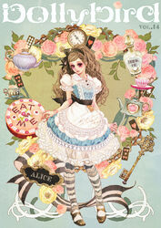  alice_in_wonderland apron blonde_hair cake card commentary_request cup doll_joints drink_me female floating_card flower food hair_ribbon joints key matsuo_hiromi pink_flower pink_rose pocket_watch ribbon rose solo teapot watch 