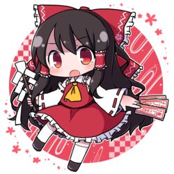  :o bare_shoulders between_fingers black_hair blush bow brown_hair chibi commentary_request detached_sleeves eyebrows female frilled_bow frilled_shirt_collar frills full_body gohei hair_tubes hairbow hakurei_reimu highres holding long_hair long_sleeves looking_at_viewer ofuda open_mouth red_bow red_eyes red_ribbon rensei ribbon solo stick tareme thighhighs touhou white_thighhighs wide_sleeves zettai_ryouiki 