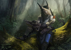  2015 anthro armor arthropod black_hair breasts butterfly claws clothed clothing destiny_(video_game) detailed_background empty_eyes female fish forest glowing glowing_eyes gun hair holding_gun holding_object holding_ranged_weapon holding_rifle holding_weapon horn insects lepidopteran marine monarch_butterfly nature nomax non-mammal_breasts outside plant portrait pulse_rifle_(destiny) ranged_weapon ravegeam rifle shark solo three-quarter_portrait tree warlock_(destiny_2) weapon white_body white_eyes white_skin 