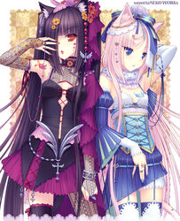  2girls animal_ear_fluff animal_ears arm_at_side arm_warmers armpits artist_name ass_visible_through_thighs asymmetrical_bangs asymmetrical_clothes asymmetrical_hair asymmetrical_legwear bad_id bad_pixiv_id beads blue_eyes blue_garter_straps blue_lips blue_nails blunt_bangs border bow bracelet breasts breasts_apart bridal_gauntlets cat_ears cat_girl cat_tail center_opening chains checkered_background chocola_(nekopara) choker circle_name corset cowboy_shot cross cross-laced_clothes cross-laced_slit detached_sleeves dress earrings eyes_visible_through_hair facepaint fake_nails fashion feather_hair_ornament feathers fingernails fishnet_bridal_gauntlets floral_print flower garter_straps gem hair_flower hair_ornament hair_over_one_eye heart highres jewelry lace lace_border large_bow layered_dress lipstick long_fingernails long_hair long_sleeves makeup multicolored_clothes multicolored_dress multicolored_nails multiple_girls nail_polish nekopara one_eye_covered orange_eyes ornate_border outstretched_arm photoshop_(medium) pink_hair print_bridal_gauntlets purple_hair red_lips red_nails ribbon-trimmed_sleeves ribbon_trim ring sayori_(neko_works) silver_trim skinny slim_legs slit_pupils small_breasts standing tail tail_ornament tattoo thighhighs twintails uneven_legwear unmoving_pattern vanilla_(nekopara) white_sleeves yellow_nails zettai_ryouiki 