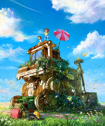  1boy backpack bad_id bad_pixiv_id bag bird black_hair brown_hair bulldozer cloud day female flower grass ground_vehicle hat leaf machinery motor_vehicle original outdoors overgrown photoshop_(medium) randoseru ruins scenery short_hair skirt sky umbrella wreckage yukoiwase 