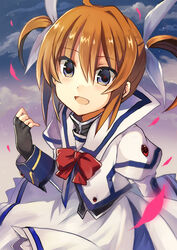  bad_id bad_pixiv_id blue_eyes brown_hair cloud cloudy_sky dress female fingerless_gloves gloves hair_ribbon heart heart-shaped_pupils highres long_sleeves lyrical_nanoha magical_girl mahou_shoujo_lyrical_nanoha mahou_shoujo_lyrical_nanoha_a&#039;s mahou_shoujo_lyrical_nanoha_the_movie_2nd_a&#039;s petals photoshop_(medium) puffy_sleeves ribbon short_twintails sky solo symbol-shaped_pupils takamachi_nanoha takamachi_nanoha_(exelion_mode) takamachi_nanoha_(sacred_mode) twintails white_dress yuukome_(tekunon) 