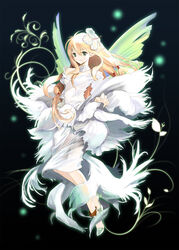  blonde_hair commentary_request dress fantasy female flower green_eyes hair_ornament highres jewelry long_hair masya original photoshop_(medium) pointy_ears simple_background solo wings 