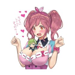  2girls :&lt; between_breasts breasts chibi commentary green_hair jitome large_breasts lisa_(lisa_lisa_life) macross macross_delta makina_nakajima mini_person minigirl multiple_girls orange_eyes person_between_breasts pink_hair reina_prowler translated 