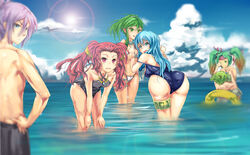  2boys 4girls ariel_(yu-gi-oh!) ass blush cloud cloudy_sky commentary_request day duel_monster emilia_(yu-gi-oh!) gishki_ariel gishki_avance gishki_emilia highres kamui_hope_of_gusto looking_at_viewer multiple_boys multiple_girls ocean partially_submerged photoshop_(medium) reeze_whirlwind_of_gusto sky smile solo_focus sunlight swimsuit wading wet winda_(yu-gi-oh!) winda_priestess_of_gusto yinzhang yu-gi-oh! 