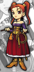  breasts cleavage corset dragon_quest dragon_quest_viii dress female full_body itadaki_street jessica_albert long_sleeves medium_breasts official_art photoshop_(medium) purple_shirt red_eyes red_hair shirt solo standing strapless strapless_dress twintails whip zoom_layer 