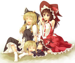  2girls alternate_hairstyle bare_shoulders blonde_hair bow braid brown_eyes brown_hair closed_eyes commentary_request detached_sleeves dress hair_ribbon hair_tubes hairbow hakurei_reimu headwear_switch kirisame_marisa long_hair long_sleeves mono_(sa) multiple_girls no_shoes open_mouth puffy_sleeves ribbon sarashi shirt short_sleeves single_braid sitting skirt skirt_set smile socks touhou vest wide_sleeves yukkuri_shiteitte_ne 